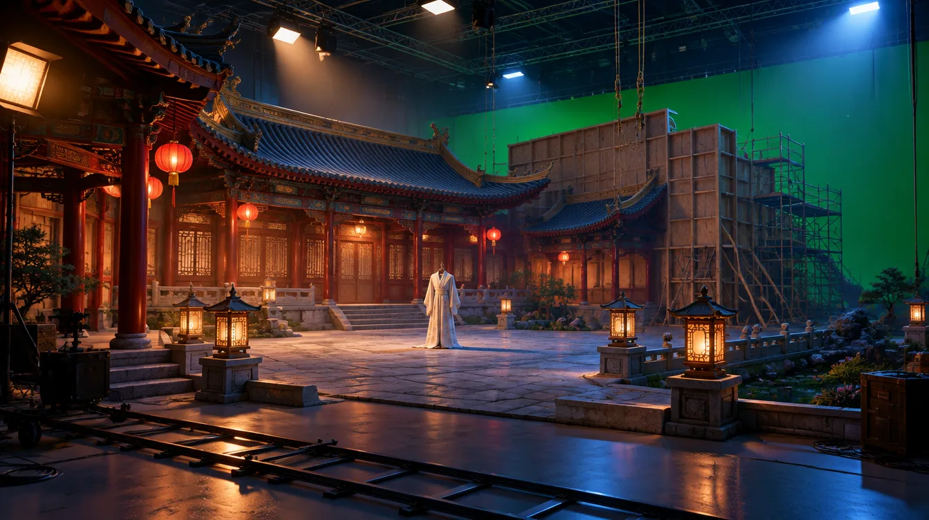 Set Swordwind di dalam studio: halaman istana bertiang merah dengan lentera kertas, separuh dibangun, punggungnya triplek dan perancah, dinding hijau di tempat langit, dan satu kostum putih di tengah halaman.